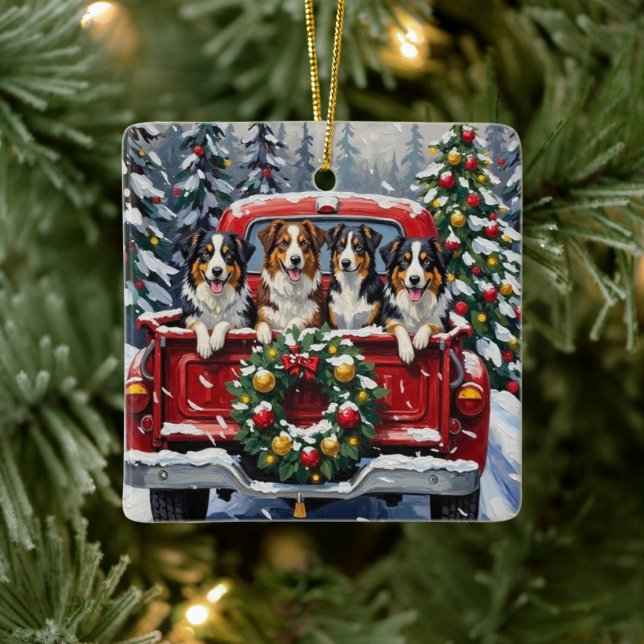 Ornement En Céramique Australian Shepherd Christmas Red Truck Holiday (Arbre)