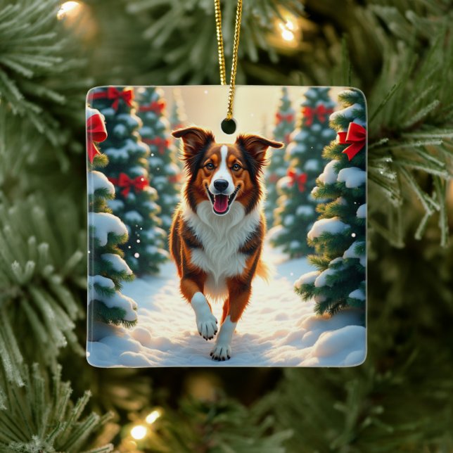Ornement En Céramique Australian Shepherd Christmas Tree Farm Painting (Arbre)