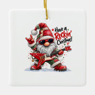 Ornement En Céramique Ayez un gnome à guitare de Noël rockin'