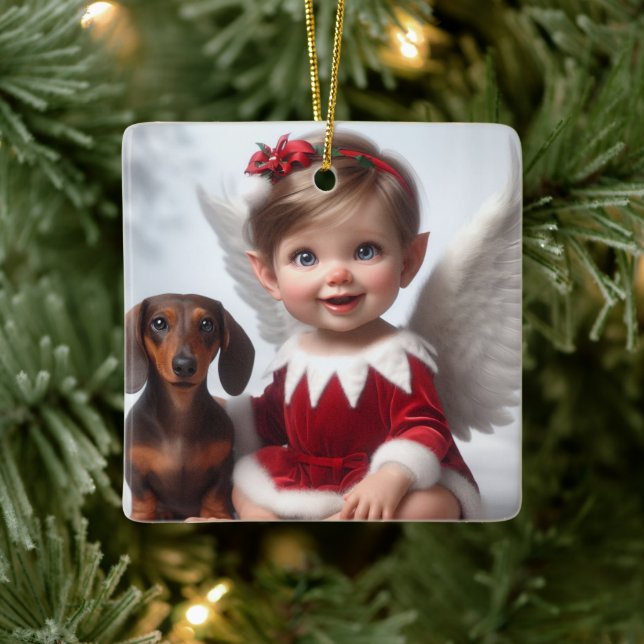 Ornement En Céramique Baby Christmas Elf and Dachshund Card (Arbre)