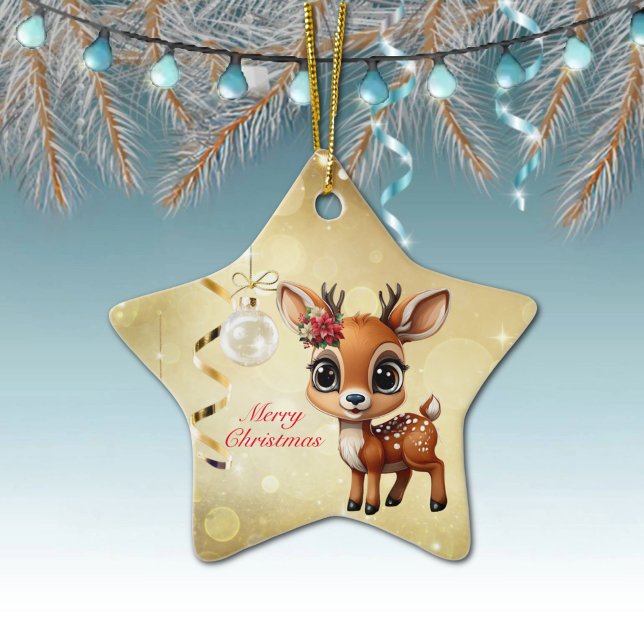 Ornement En Céramique Baby Deer, Faun, Doe, Reindeer 🦌 🎄 Joyeux Noël (Custom Reindeer Decor Xmas Fawn Fun Holiday Doe Animal Merry Christmas 
Gold Star Ornament 🦌🎄 )