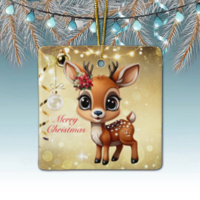 Ornement En Céramique Baby Deer, Faun, Doe, Reindeer 🦌 🎄 Joyeux Noël (Reindeer Floral Fawn Doe Poinsettia Customizable Merry Christmas White Square Ceramic Ornament 🦌🎄)