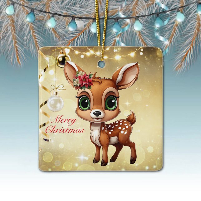 Ornement En Céramique Baby Deer, Fawn, Doe 🦌 Gold Joyeux Noël (Baby Deer, Floral Fawn, Doe Poinsettia Customizable Merry Christmas Gold Square Ceramic Ornament🦌🎄)
