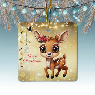 Ornement En Céramique Baby Deer, Fawn, Doe 🦌 Gold Joyeux Noël