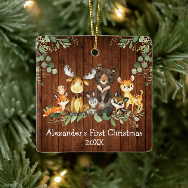 Ornement En Céramique Baby First Christmas Bois Animaux Rustiques (Arbre)