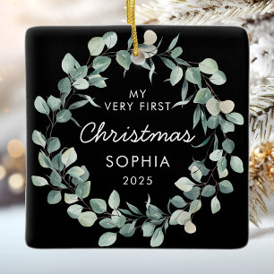 Ornement En Céramique Baby First Christmas Eucalyptus Wreath Black