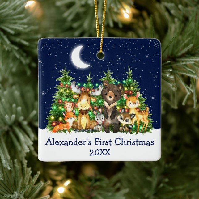 Ornement En Céramique Baby First Christmas Forest Animals Lights Blue (Arbre)