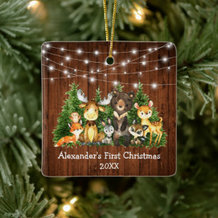 Ornement En Céramique Baby First Christmas Forest Animals Lights Square