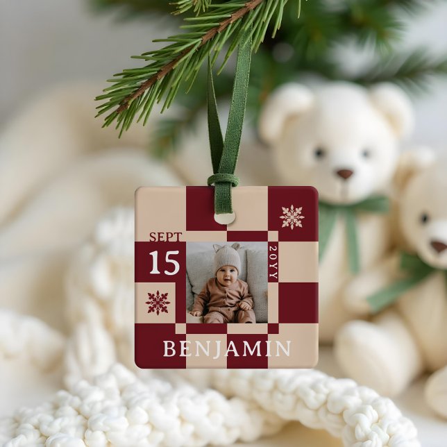 Ornement En Céramique Baby First Christmas Fun Retro Checkerboard Photo (Baby First Christmas Fun Retro Checkerboard Photo Ceramic Ornament)