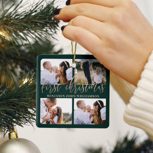 Ornement En Céramique Baby First Christmas Green Gold Script Four Photo