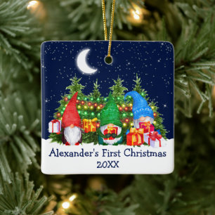 Ornement En Céramique Baby First Christmas Lights Sky Watercolor Gnomes
