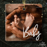 Ornement En Céramique Baby First Christmas Moderne Élégant Photo Chic<br><div class="desc">Design est composé de typographie chic moderne avec sans serif et serif police. Ajoutez une photo personnalisée du bébé et de l'année.</div>
