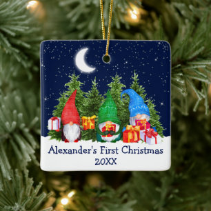 Ornement En Céramique Baby First Christmas Sky Aquarelle Gnomes Arbres