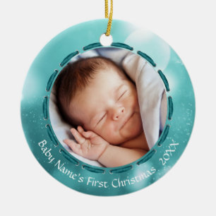 Ornement En Céramique Baby First Christmas Turquoise Bokeh Photo personn