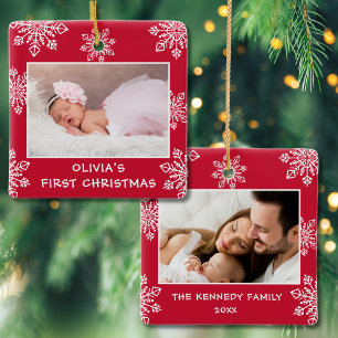 Ornement En Céramique Baby First Christmas White Snowflakes 2 Photo Red