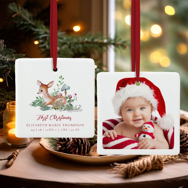 Ornement En Céramique Baby First Christmas Woodland Deer Photo  (baby first christmas ornament woodland deer mushrooms photo template red calligraphy)