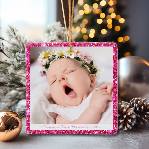 Ornement En Céramique Baby Girl Custom My First Christmas Pink Glitter