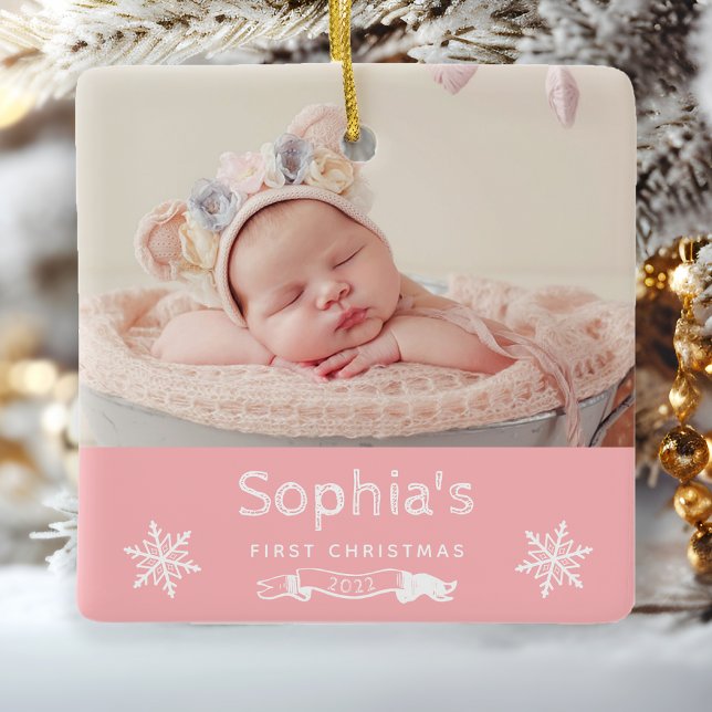 Ornement En Céramique Baby Girl First Christmas Photo personnalisée Rose (Créateur téléchargé)