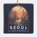 Ornement En Céramique Badge Vintage d'art de Séoul Corée du Sud<br><div class="desc">Design d'illustration de Séoul avec un style manga. Séoul,  la capitale de la Corée du Sud,  est une immense métropole où gratte-ciel modernes,  métros high-tech et culture pop rencontrent temples bouddhistes,  palais et marchés de rue.</div>