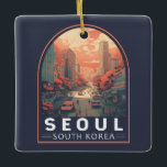 Ornement En Céramique Badge Vintage d'art de Séoul Corée du Sud<br><div class="desc">Design d'illustration de Séoul avec un style manga. Séoul,  la capitale de la Corée du Sud,  est une immense métropole où gratte-ciel modernes,  métros high-tech et culture pop rencontrent temples bouddhistes,  palais et marchés de rue.</div>