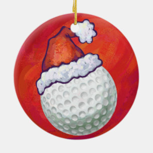 Ornement En Céramique Balle de golf avec chapeau de Père Noël sur fond r