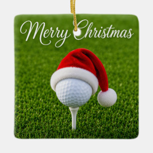 Ornement En Céramique Balle de golf de Noël avec un chapeau de Père Noël