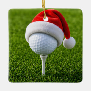 Ornement En Céramique Balle de golf de Noël avec un chapeau de Père Noël