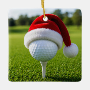 Ornement En Céramique Balle de golf de Noël avec un chapeau de Père Noël