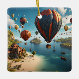 Ornement En Céramique Ballons à Air Chaud Volant Au-Dessus d'une Île