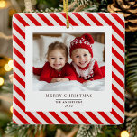 Ornement En Céramique "Bande rouge avec photo Joyeux Noël et nom<br><div class="desc">"Célébrez la saison avec cette Bande Rouge avec Photo Joyeux Noël et Nom Ornement Personnalisé. Avec un design à rayures rouges classique, votre photo personnalisée et votre nom personnalisé, cet ornement apporte une touche unique et chaleureuse à votre décor de vacances. Parfait pour accrocher votre sapin de Noël ou pour...</div>