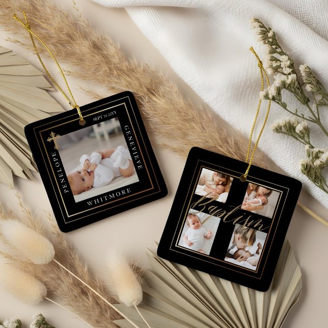 Ornement En Céramique Baptism Calligraphy Photo Collage Black & Gold (Baptism Calligraphy Photo Collage Black & Gold Ceramic Ornament)