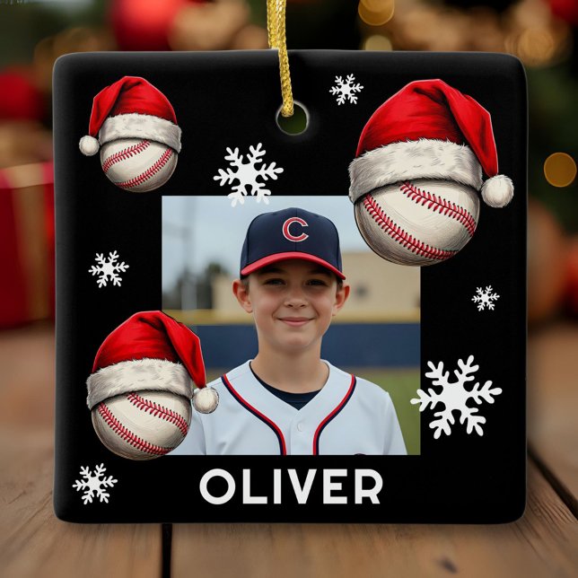 Ornement En Céramique Baseball Ball Santa Hat Name Photo Christmas  (Créateur téléchargé)