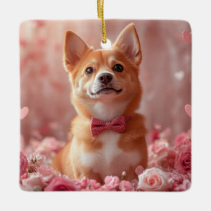 Ornement En Céramique Basenji avec des roses - Saint-Valentin