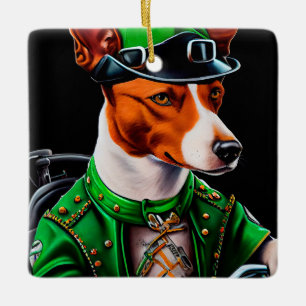 Ornement En Céramique Basenji Chien conduisant vélo St. Patrick's Day