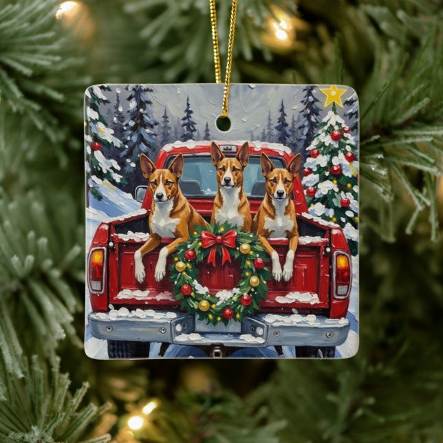 Ornement En Céramique Basenji Christmas Red Truck Holiday (Arbre)