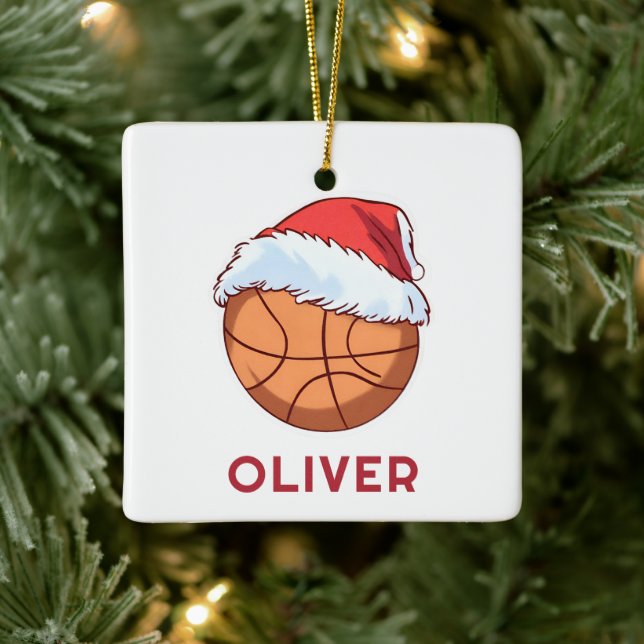 Ornement En Céramique Basketball Ball Red Santa Hat Name Christmas  (Arbre)