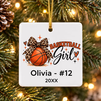 Ornement En Céramique Basketball Fille Personnalisé Arc Léopard Noël