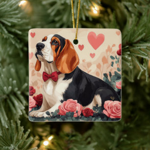 Ornement En Céramique Basset Hound avec des Roses - Saint-Valentin