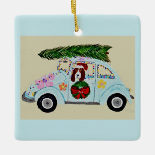 Ornement En Céramique Basset Hound de Noël dans une voiture hippie