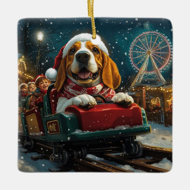 Ornement En Céramique Basset Hound Dog Roller Dessous de verre Noël (Devant)