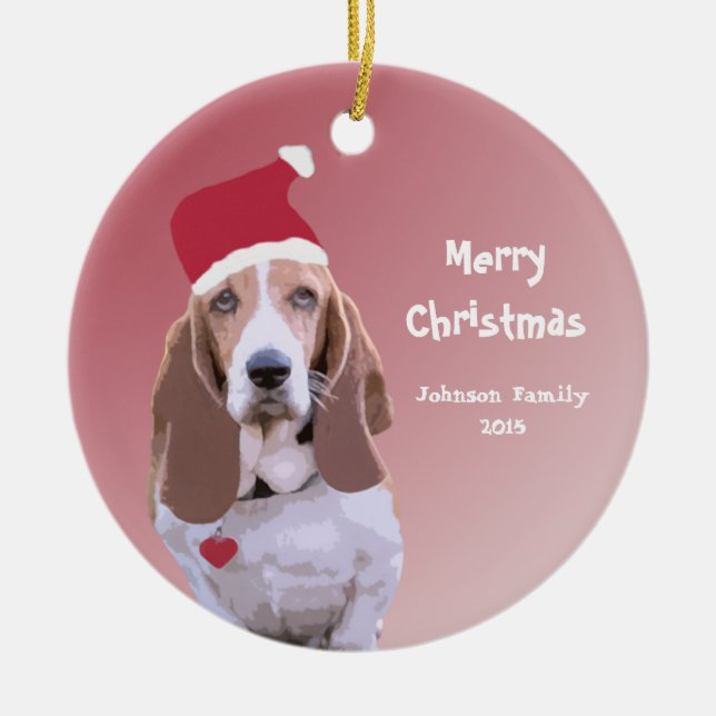 Ornement En Céramique Basset Hound Père Noël a personnalisé Noël (Devant)