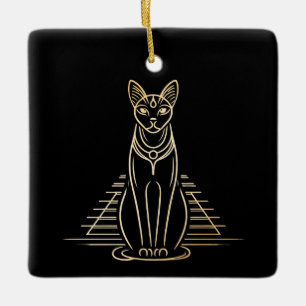 Ornement En Céramique Bastet, déesse féline égyptienne devant une pyrami