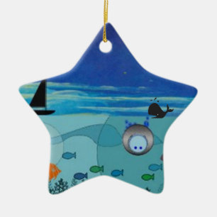 Ornement En Céramique Bateau, baleine, plongeur, scène d'océan de