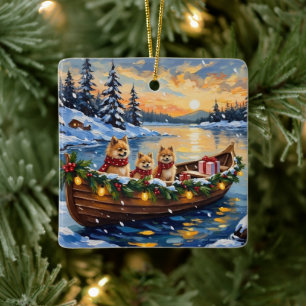 Ornement En Céramique Bateau de Noël du Poméranien pour les Fêtes