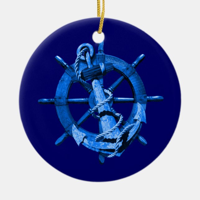 Ornement En Céramique Bateaux nautiques bleus roue et Ancre (Devant)