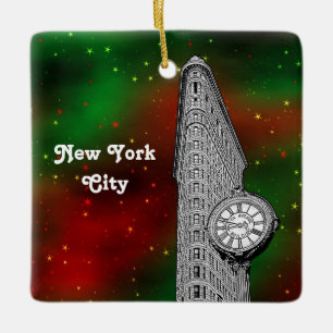 Ornement En Céramique Bâtiment Flatiron NYC Rouge Vert Nuit Étoilée Noël