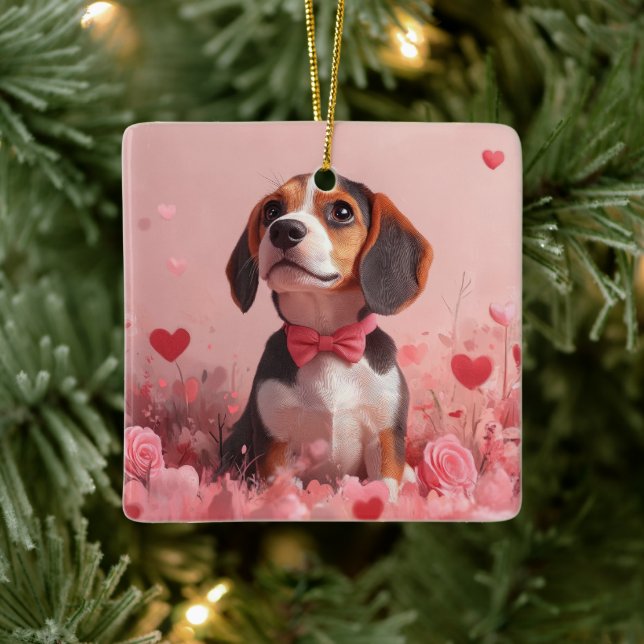 Ornement En Céramique Beagle avec des roses - Saint-Valentin (Arbre)