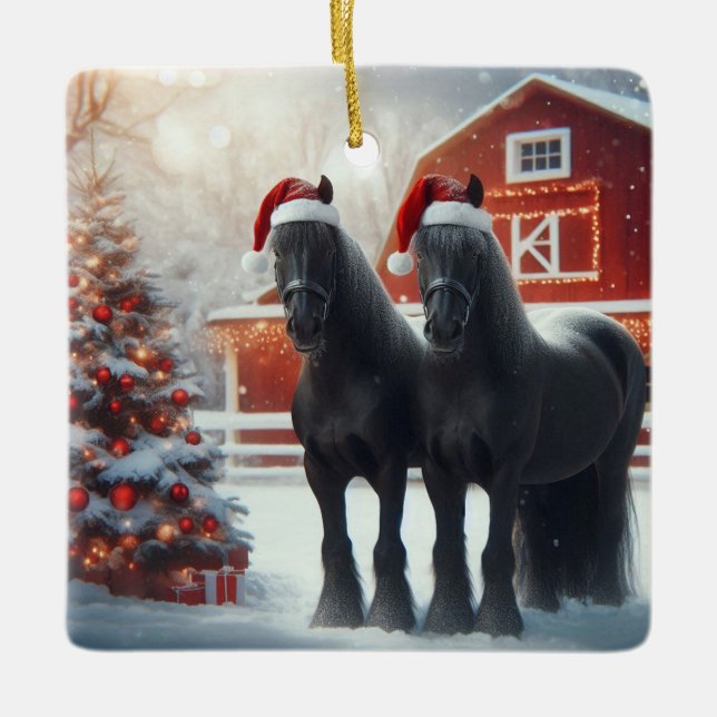 Ornement En Céramique Beautiful Black Horses, Christmas Tree and Barn (Devant)
