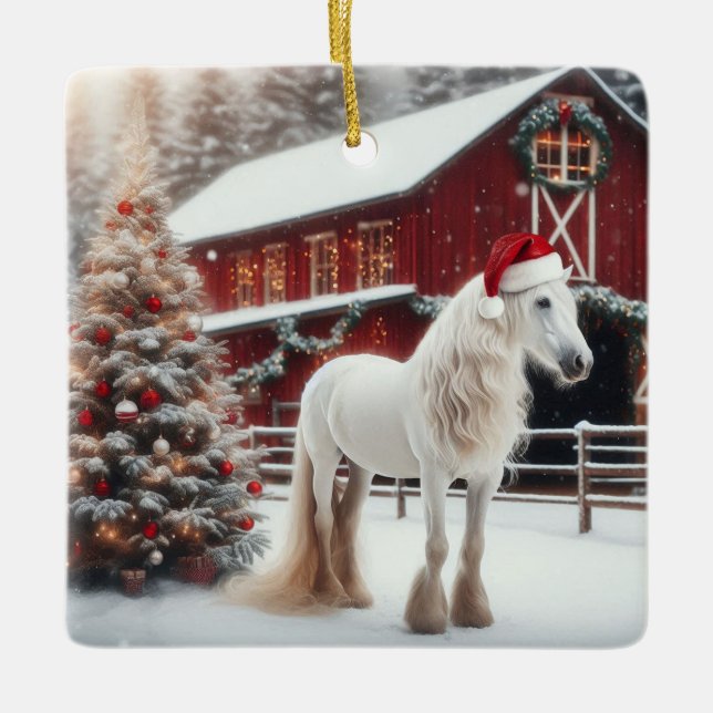 Ornement En Céramique Beautiful White Horses, Christmas Tree and Barn (Devant)