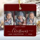 Ornement En Céramique Bébé 1er Noël Bourgogne Rouge 3 Script photo<br><div class="desc">Aidez-les à commémorer le premier Noël de leur petit-enfant avec ce magnifique ornement moderne de gardien. Le texte blanc indique "Le premier Noël du bébé", avec le mot "Noël" dans un élégant script d'écriture manuscrite avec des fioritures avant et après sur un arrière - plan rouge bordeaux. Remplacez les trois...</div>